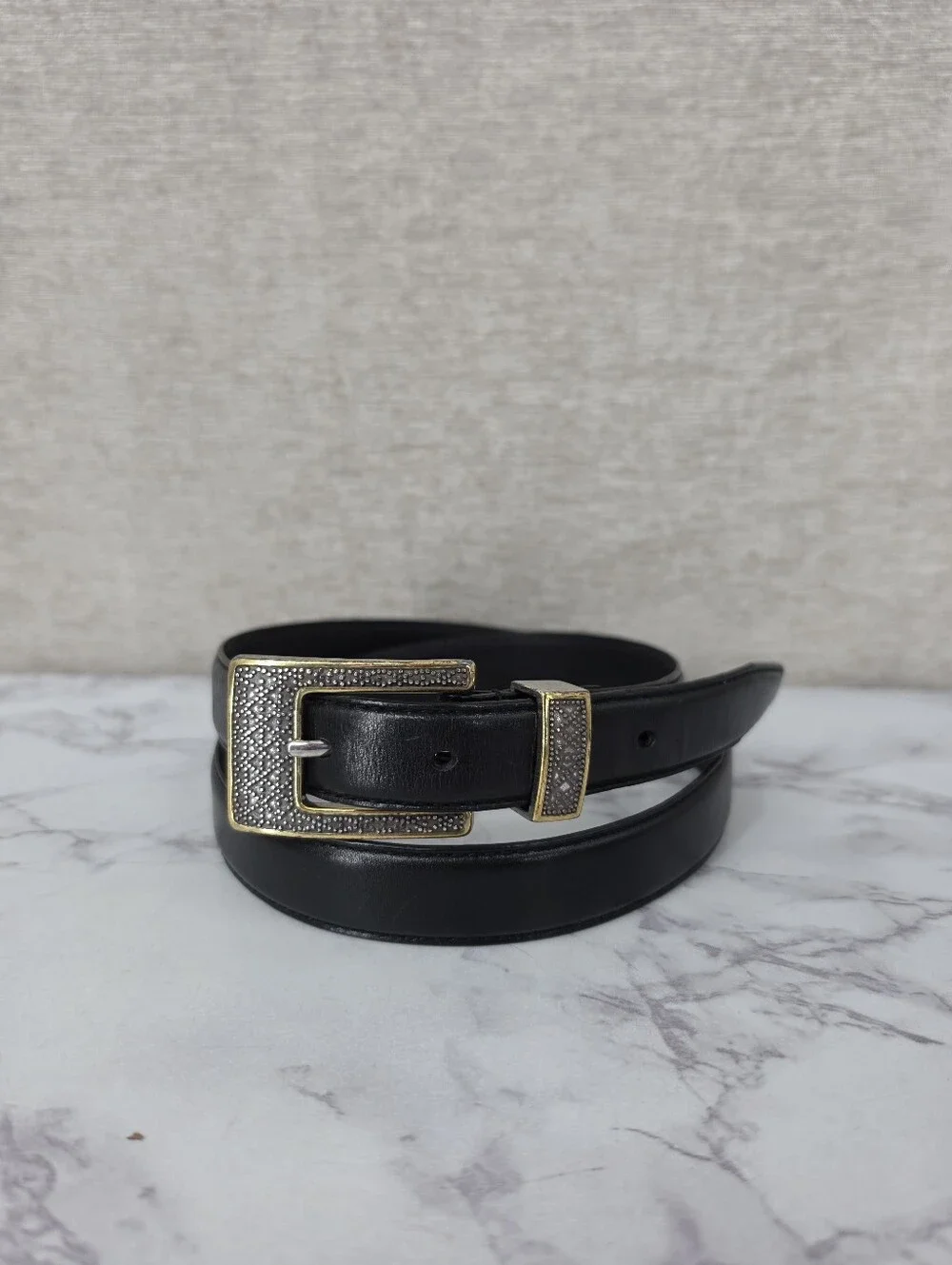 Fossil Black Leather Belt with Textured Two Tone Gold and Silver Buckle